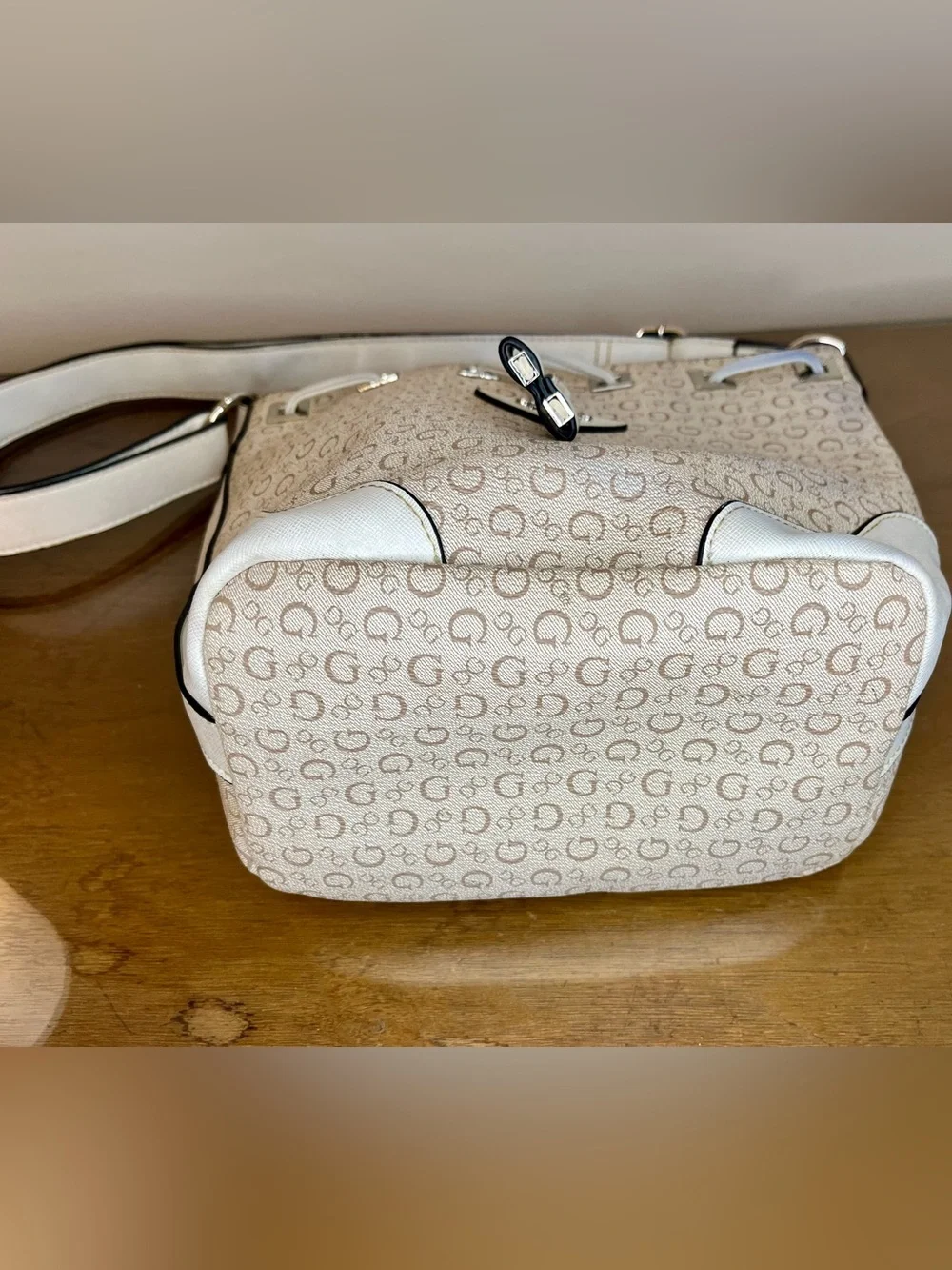 Guess Small Crossbody Bucket Bag, Monogram, Signature, Ivory, Coated, Adjustable